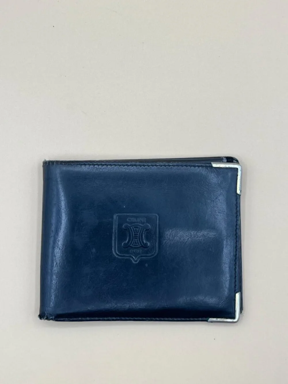 Celine Paris Black Leather Bifold Wallet Embossed Blason Logo Metal Corner Caps